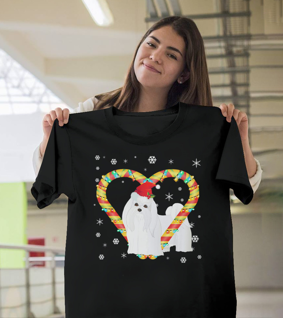 Maltese Candy Cane Heart Santa Hat Snowflakes T-Shirt