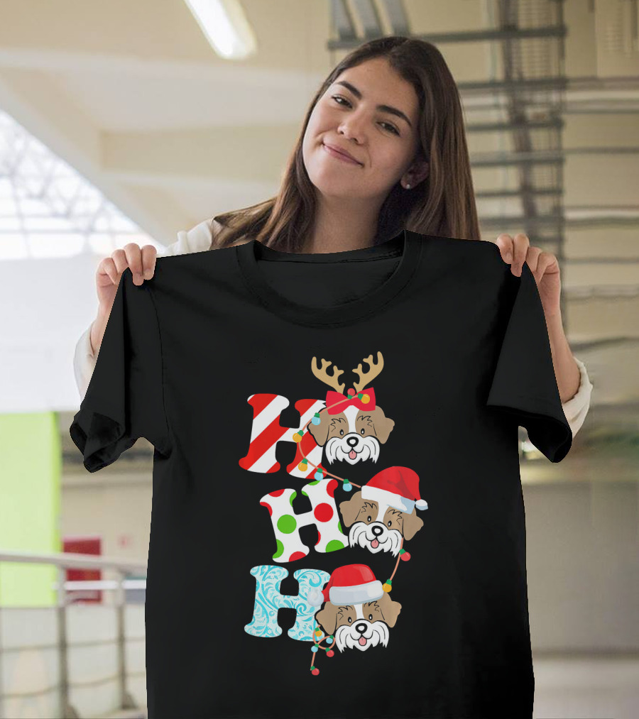 HO HO HO Shih Tzu Dog Reindeer Antlers Santa Hat T-Shirt