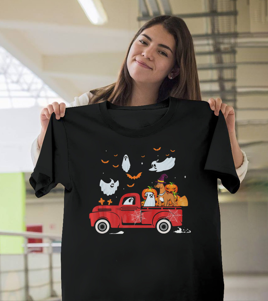 Great Dane Witch with Pumpkins and Ghosts in Red Halloween Truck T-Shirt