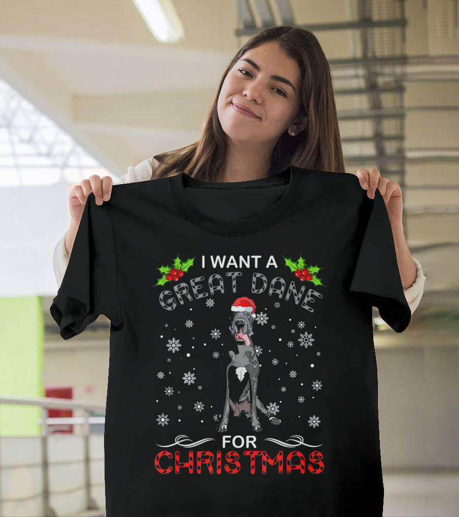 I Want A Great Dane For Christmas Snowflakes Santa Hat Holly T-Shirt