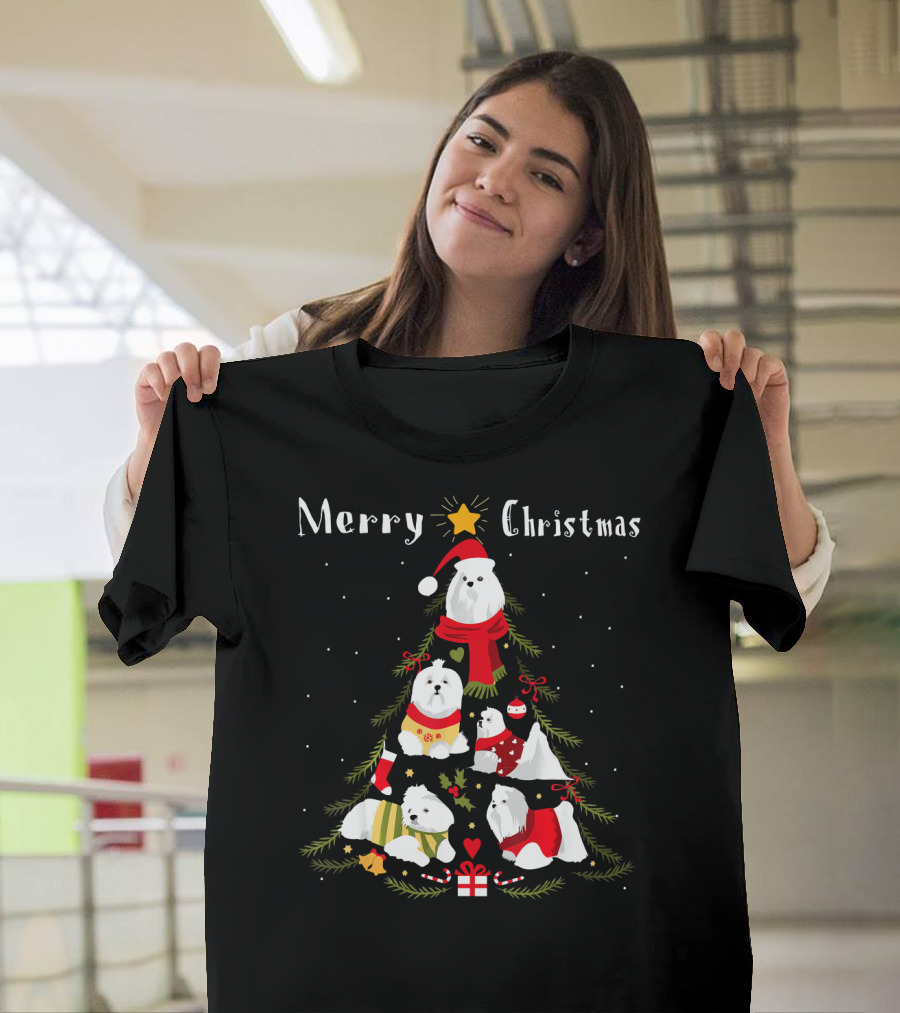 Merry Christmas Maltese Christmas Tree Dogs T-Shirt