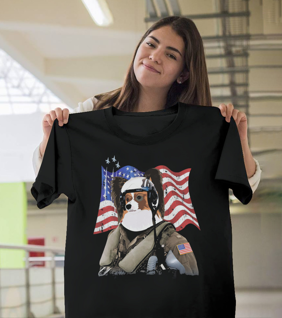 Patriotic Papillon Fighter Pilot with American Flag T-Shirt