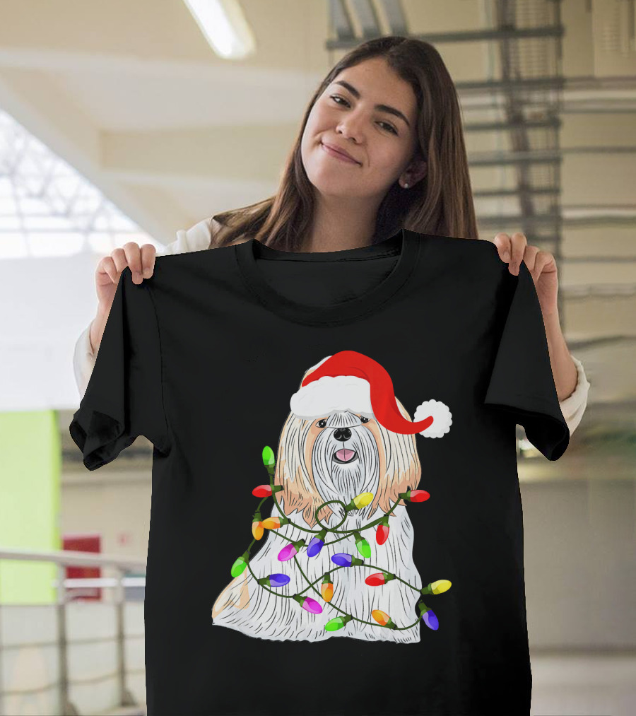 Shih Tzu with Santa Hat and Christmas Lights T-Shirt