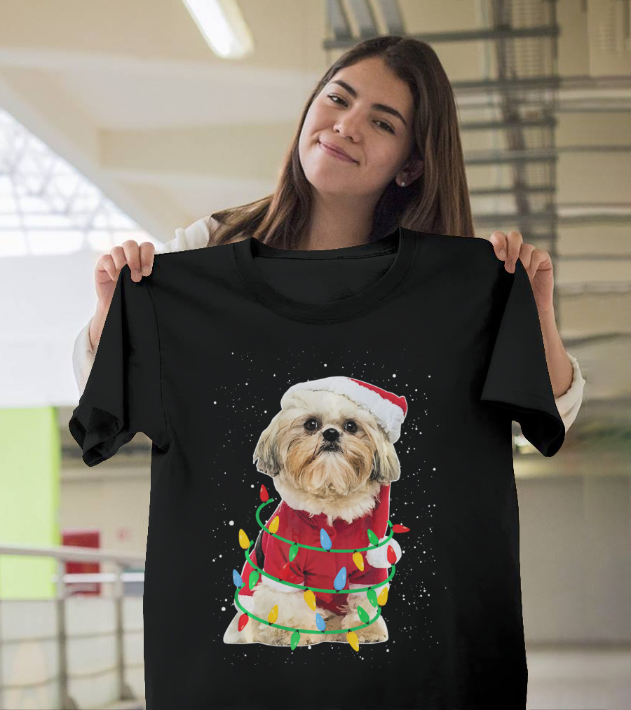 Shih Tzu Santa Wrapped in Festive Christmas Lights T-Shirt