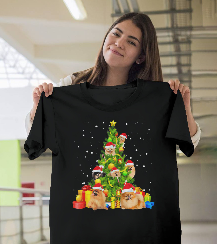 Pomeranian Puppies in Santa Hats as Christmas Tree with Presents T-Shirt