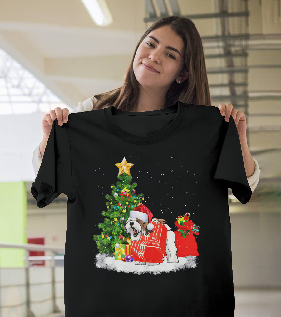 Shih Tzu Dog Christmas Tree Santa Hat Snow Gifts T-Shirt