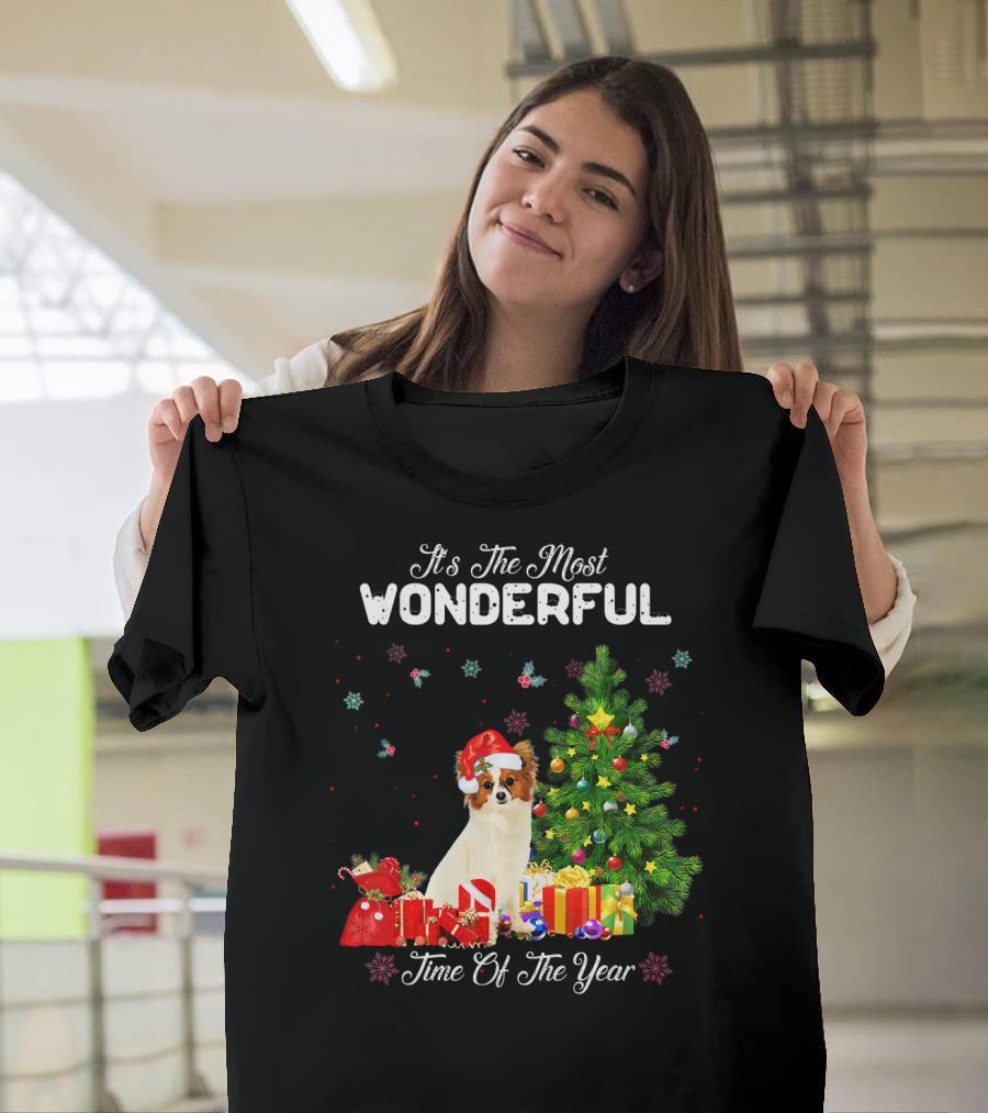 It's The Most Wonderful Time Of The Year Papillon Christmas Tree Santa Hat Gifts T-Shirt