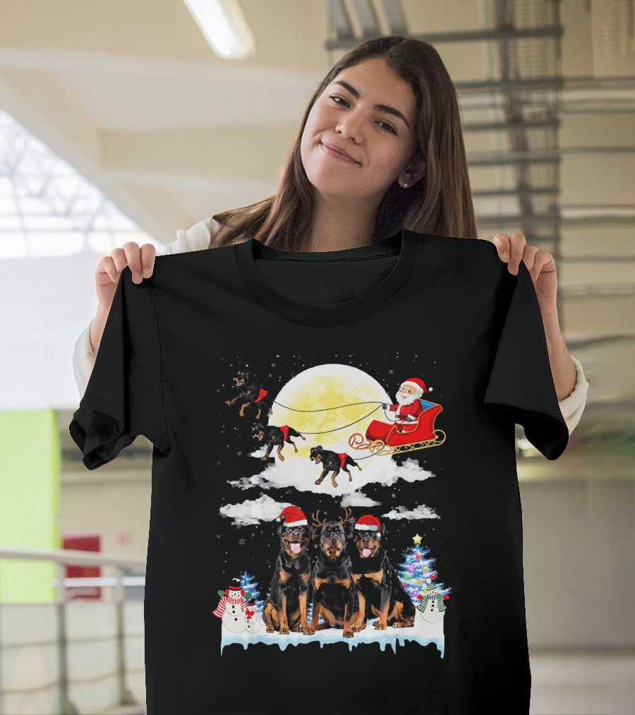 Rottweiler Dog Santa Sleigh Christmas Moon Snowman Trees T-Shirt