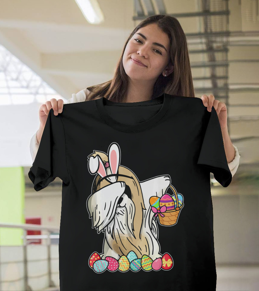 Shih Tzu Dabbing Dressed as Easter Bunny with Basket of Colorful Eggs T-Shirt