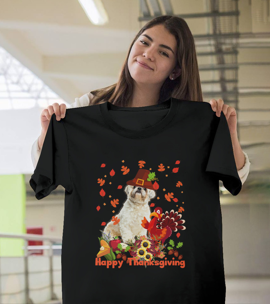 Shih Tzu Happy Thanksgiving Turkey Hat Leaves Cornucopia T-Shirt