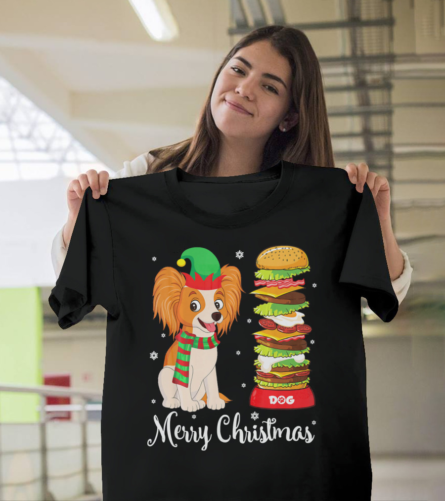 Merry Christmas Papillon in Elf Costume with Stacked Hot Dog and Burger Tower T-Shirt