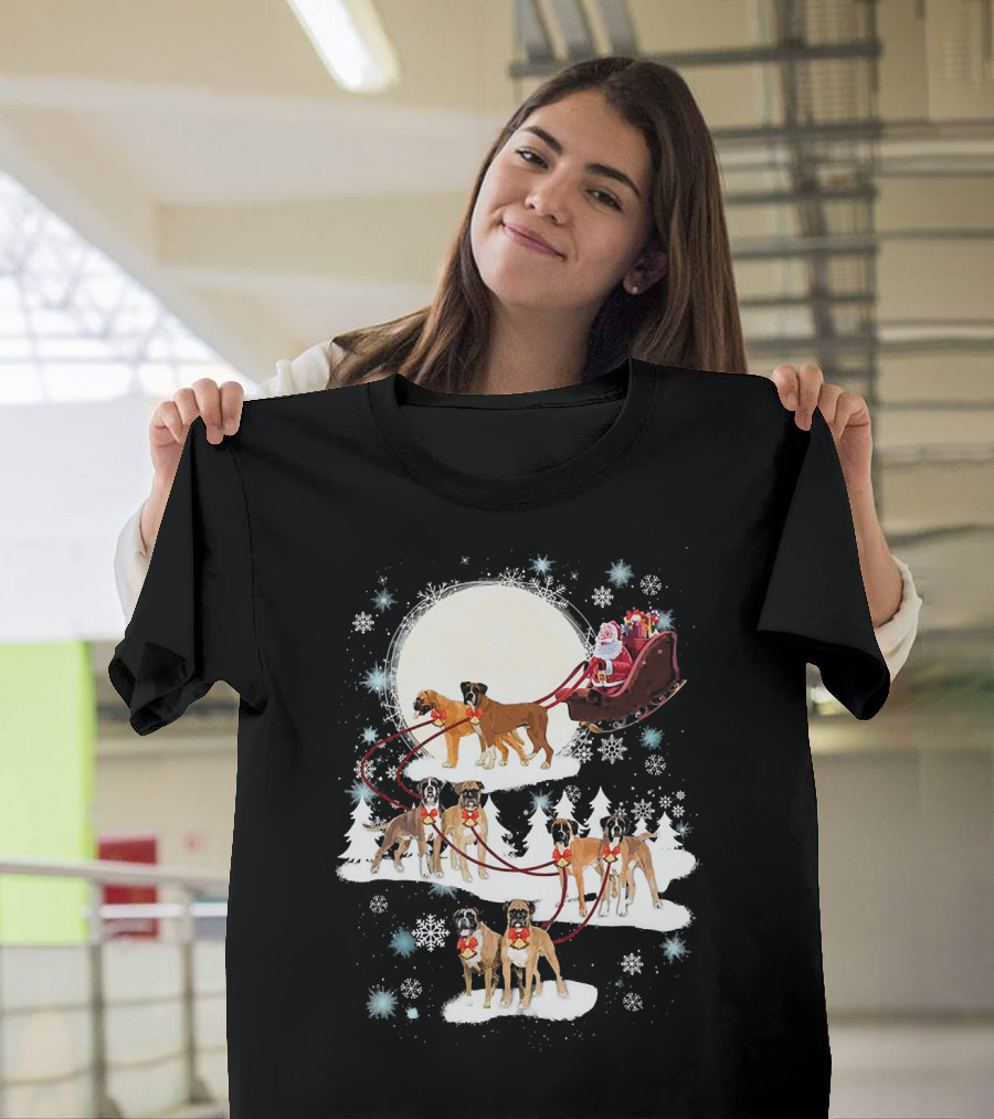 Santa Sleigh Pulled by Christmas Boxer Dogs Under Winter Moon T-Shirt
