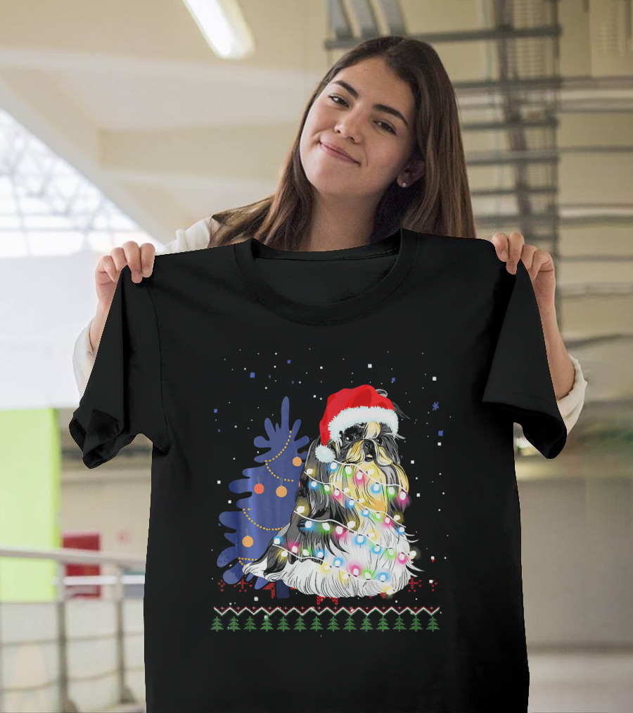 Shih Tzu Christmas Tree with Santa Hat and Holiday Lights T-Shirt