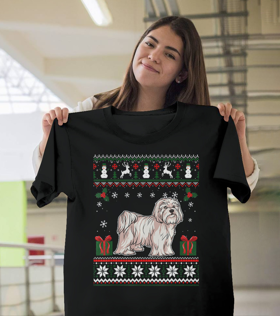 Maltese Christmas Snowflakes Reindeer Snowmen and Gifts Dog Love Holiday T-Shirt