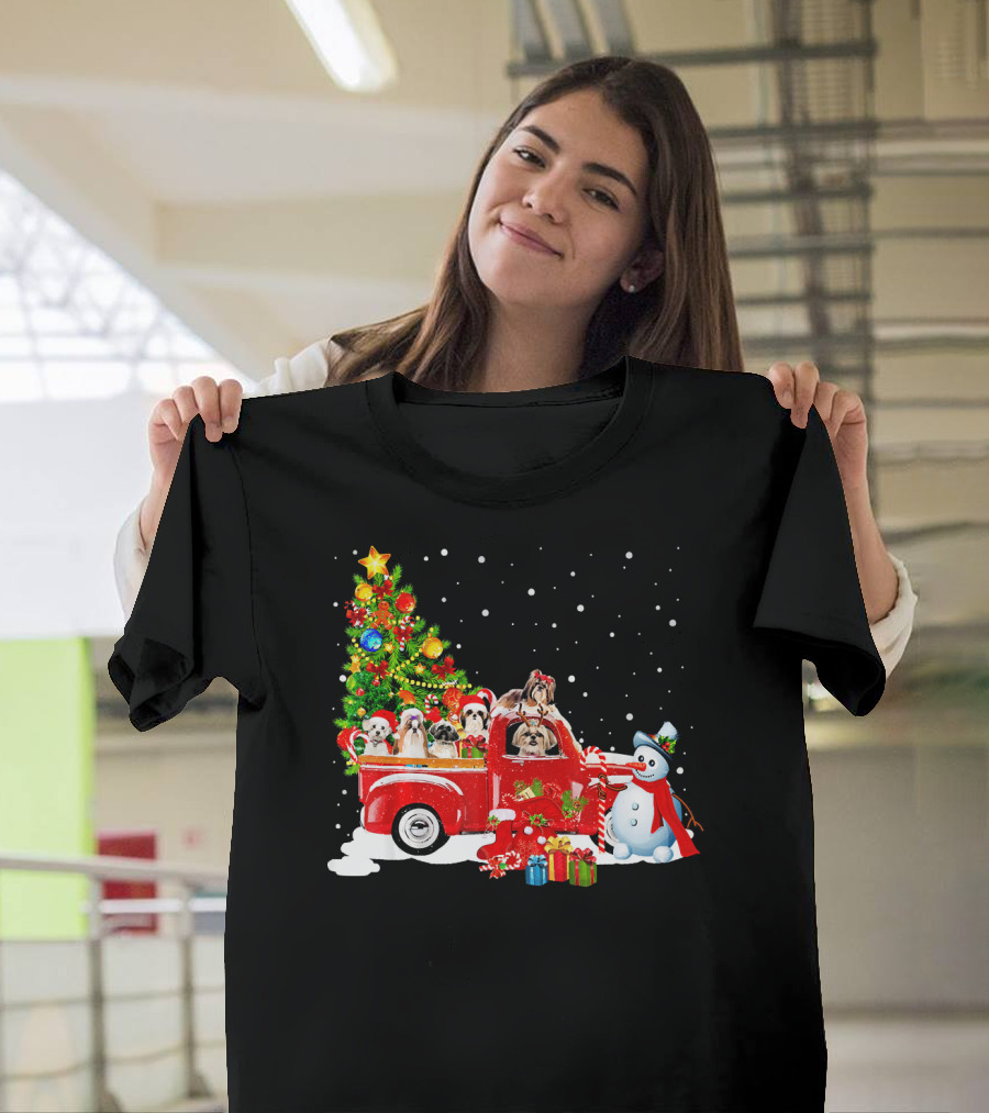 Merry Christmas Shih Tzu Puppies in Festive Truck with Snowman and Gifts T-Shirt