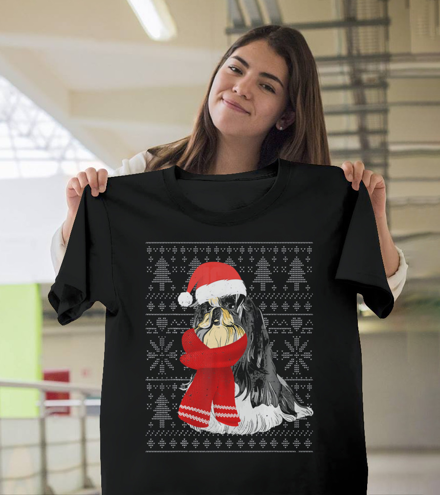 Shih Tzu in Santa Hat and Scarf Ugly Christmas T-Shirt