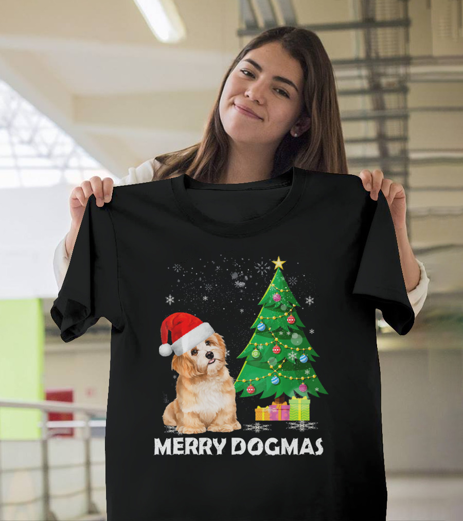 Merry Dogmas Shih Tzu with Santa Hat by Christmas Tree T-Shirt