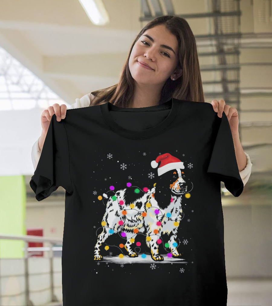Cocker Spaniel Dog in Santa Hat Wrapped in Colorful Christmas Lights with Snowflakes T-Shirt