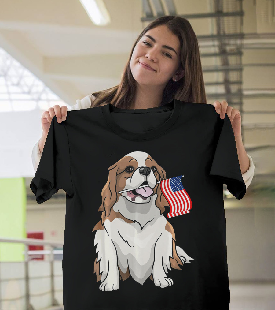 Cavalier King Charles Spaniel Holding American Flag T-Shirt