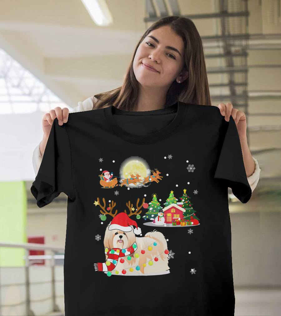 Santa's Shih Tzu Christmas Parade with Reindeer Antlers and Festive Lights T-Shirt
