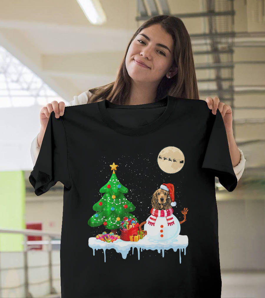 Cocker Spaniel Snowman Costume Funny Christmas Tree Santa Moon T-Shirt