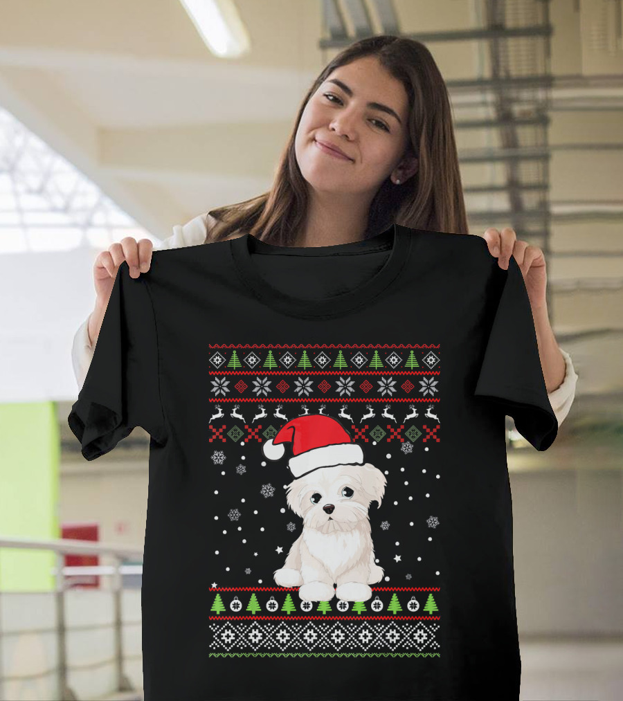 Maltese Christmas Family Group Santa Hat Snowflakes Trees Reindeer T-Shirt