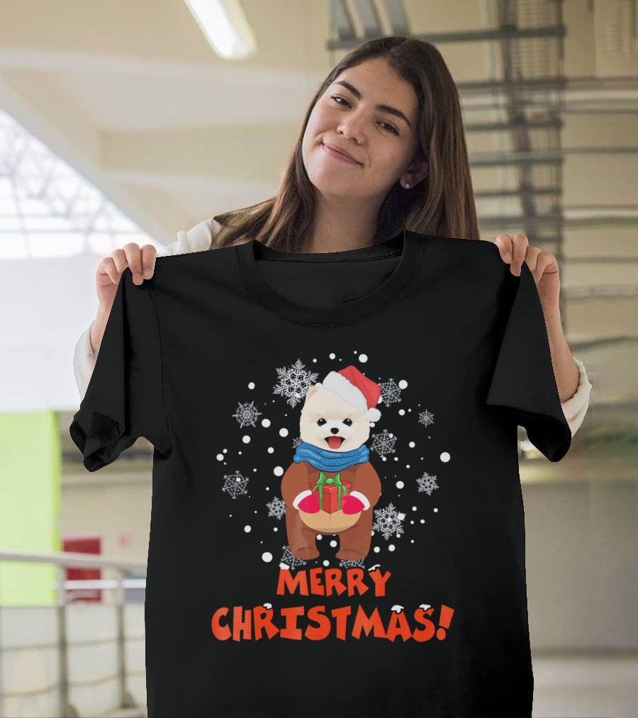 Merry Christmas Pomeranian Santa Hat Gift Snowflakes T-Shirt