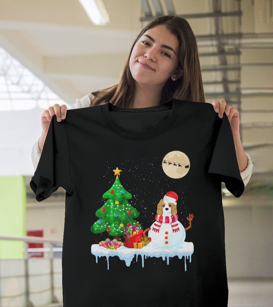 Cavalier King Charles Spaniel Snowman Christmas Tree Santa Sleigh Moon T-Shirt