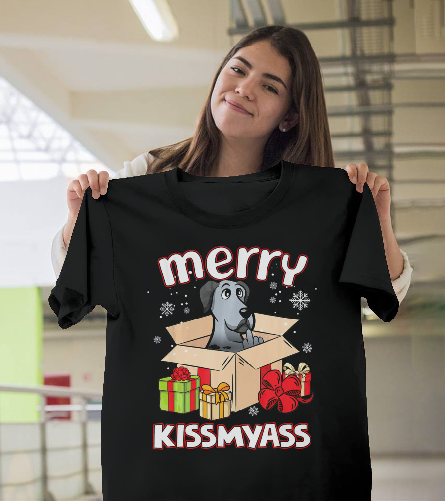 Merry Kissmyass Great Dane In Box with Snowflakes and Christmas Gifts T-Shirt
