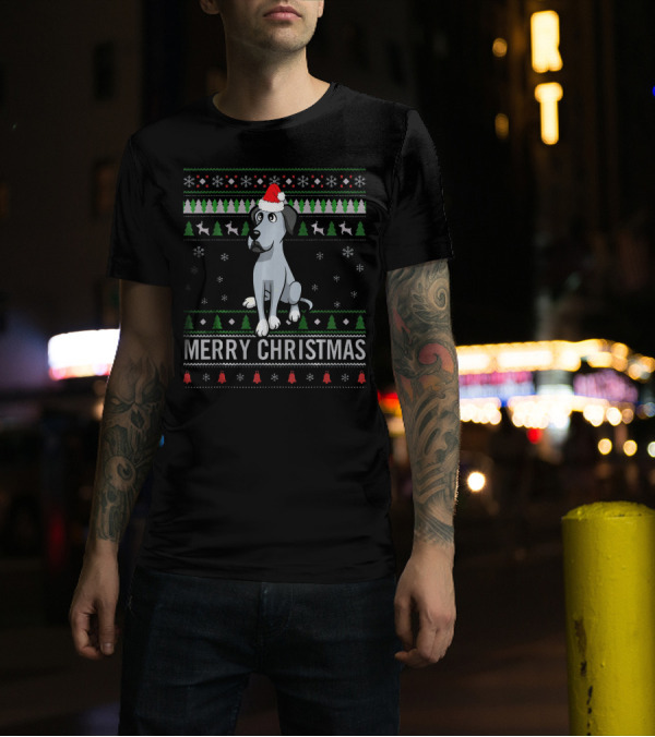 Merry Christmas Great Dane Dog Wearing Santa Hat With Festive T-Shirt