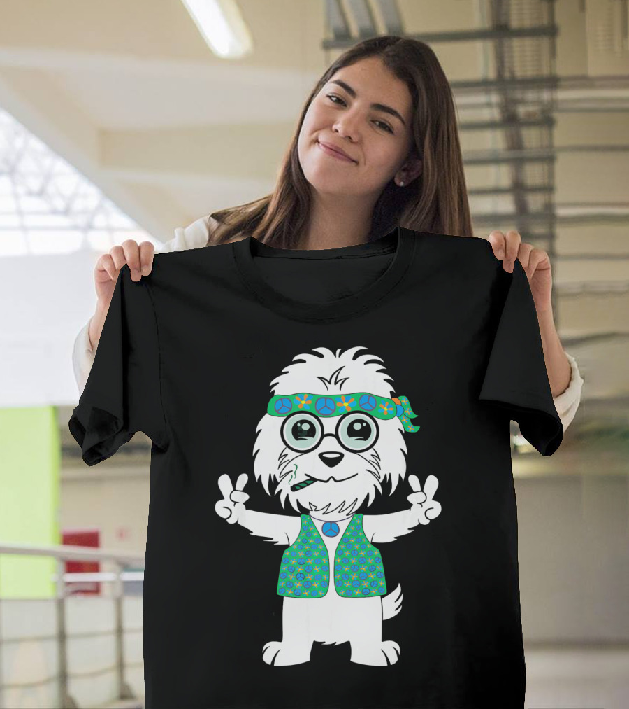 Peaceful Maltese Dog with Hippie Glasses and Peace Signs T-Shirt
