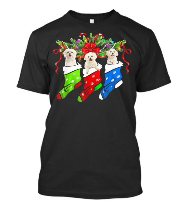 Mens Funny Three Maltese Dogs In Festive Christmas Stockings T-Shirt