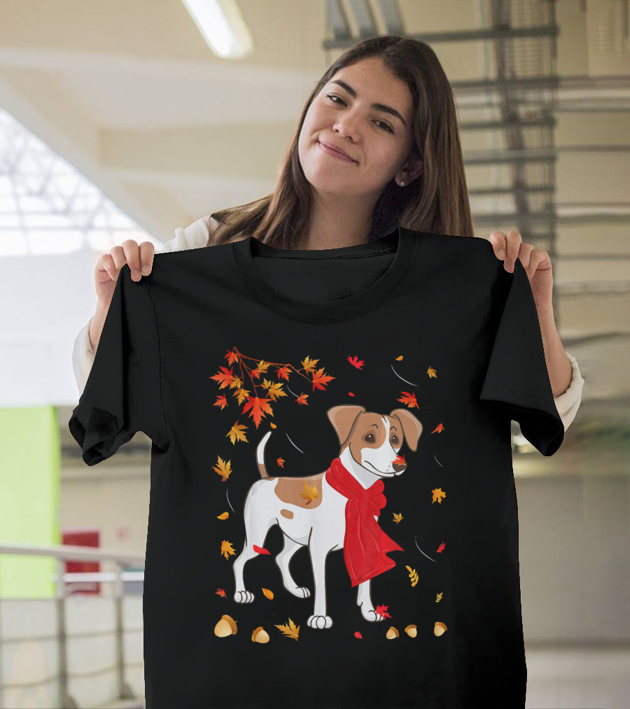 Adorable Jack Russell Terrier Dog with Red Scarf in Autumn Leaves T-Shirt