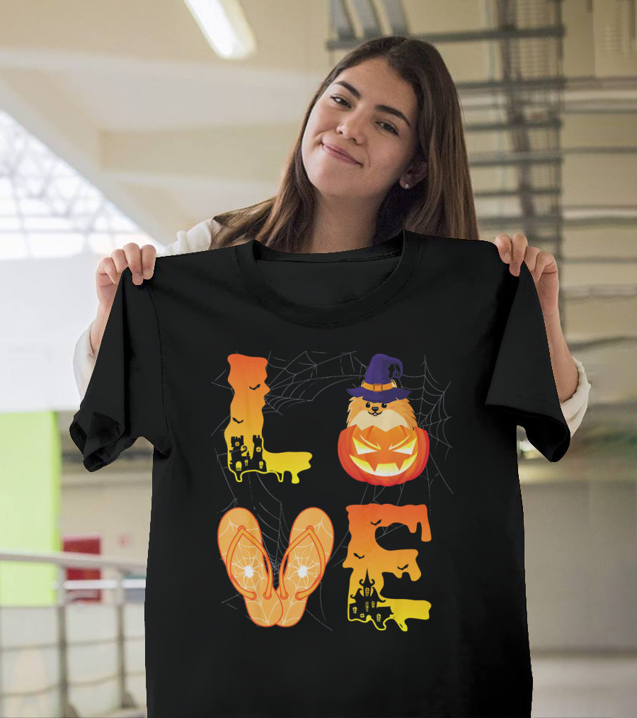 Love Halloween Pumpkin Flip Flop Spider Web Dog Cat Moon T-Shirt