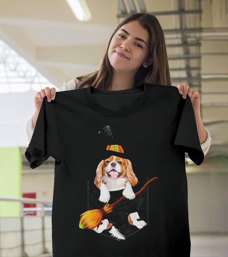 Cavalier King Charles Spaniel Witch Pocket Broomstick Halloween Spider Hat T-Shirt