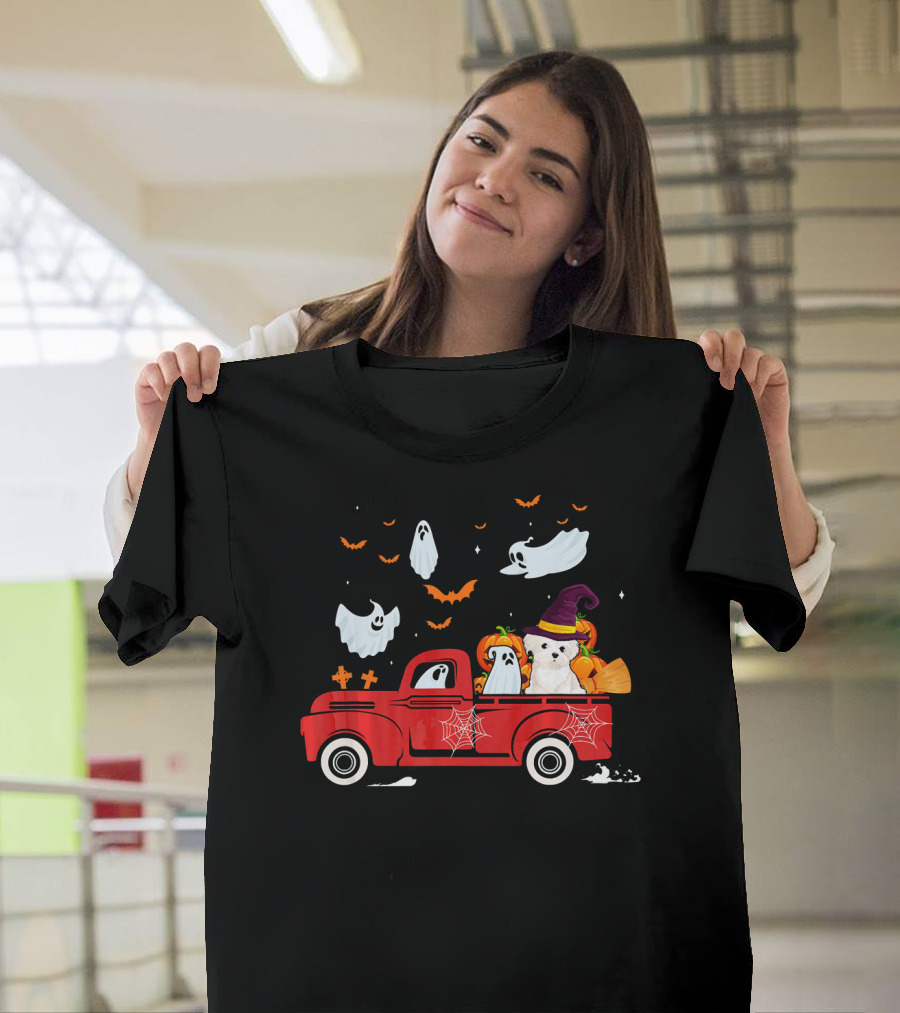 Maltese in Red Truck with Pumpkins and Ghosts for Halloween T-Shirt