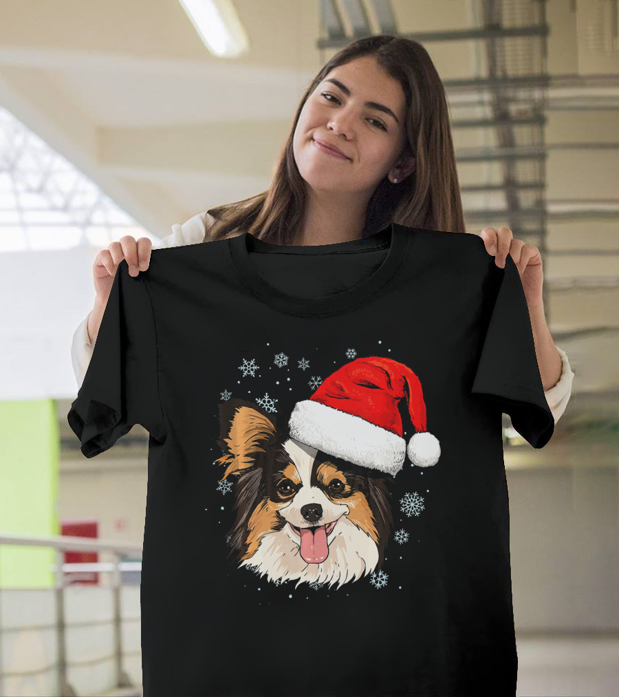Papillon Dog Wearing Santa Claus Hat with Snowflakes T-Shirt