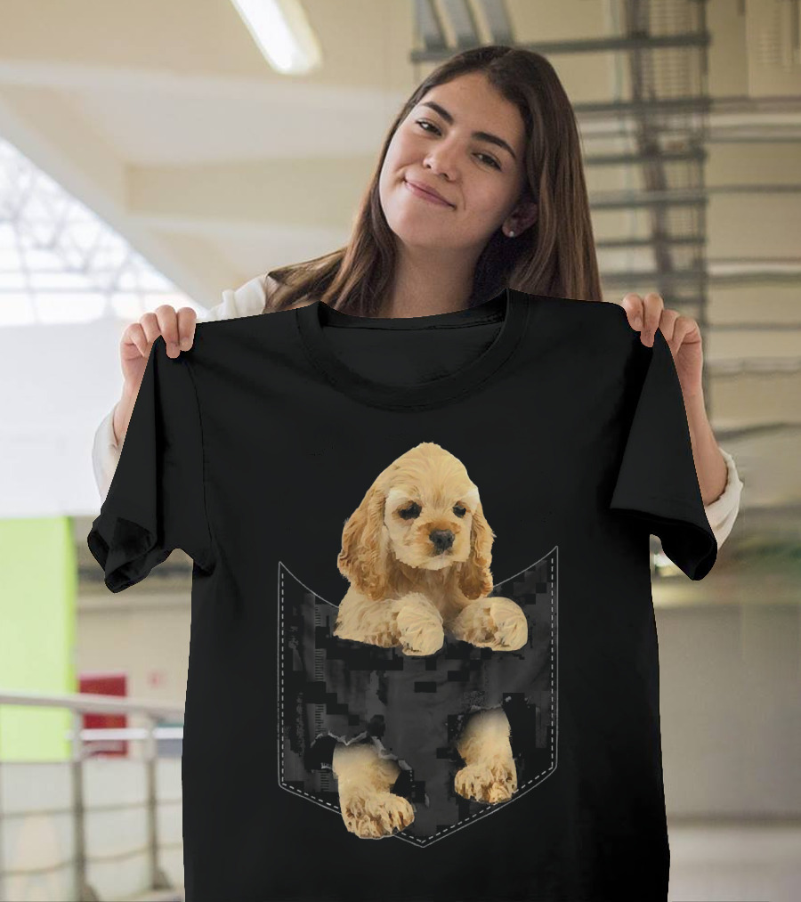 Buff Cocker Spaniel Pup in Black Pocket T-Shirt