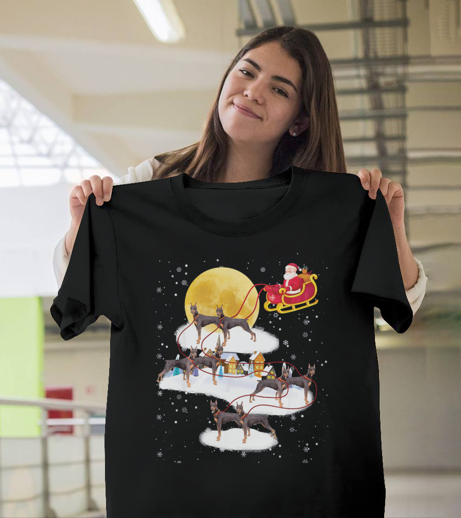 Santa's Sleigh with Doberman Pinscher Reindeer and Moonlit Winter Scene T-Shirt
