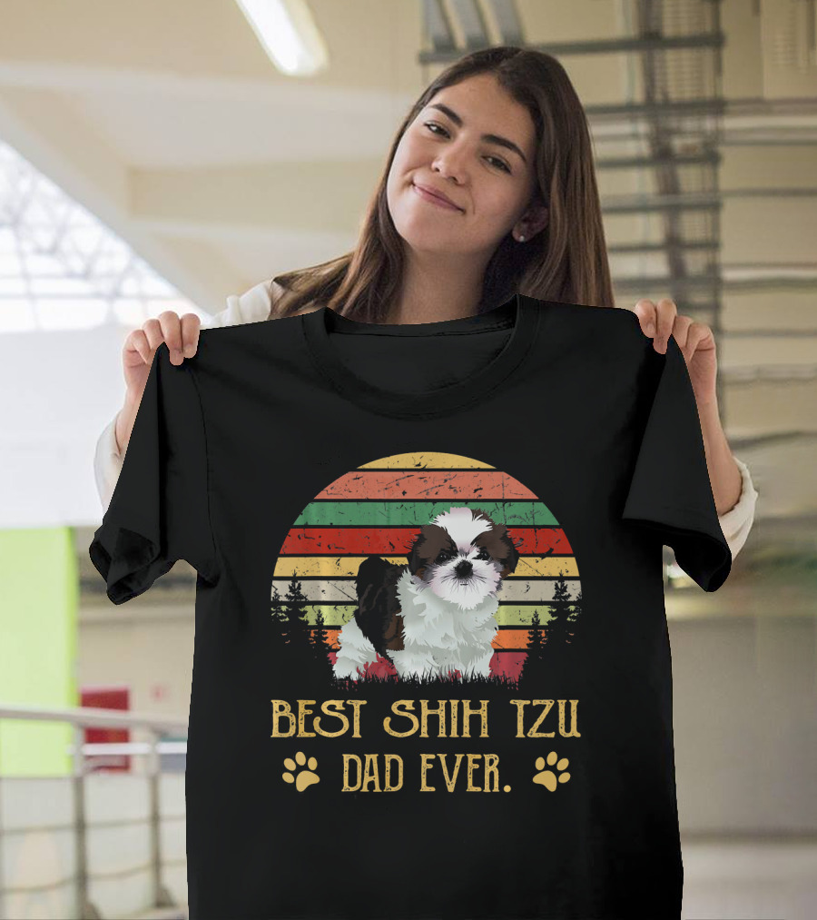 Vintage Best Shih Tzu Dad Ever Retro Sunset Paw Prints T-Shirt