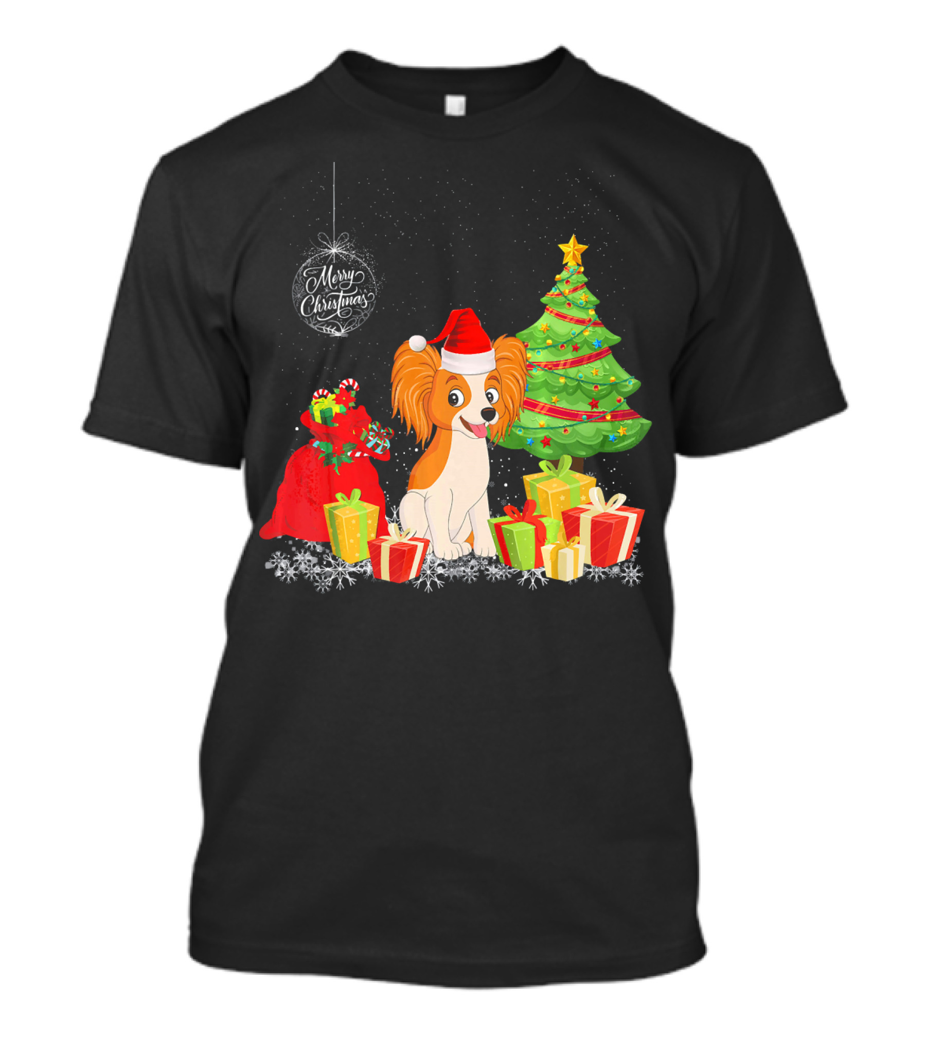 Papillon With Santa Hat Merry Christmas Tree And Gifts T-Shirt