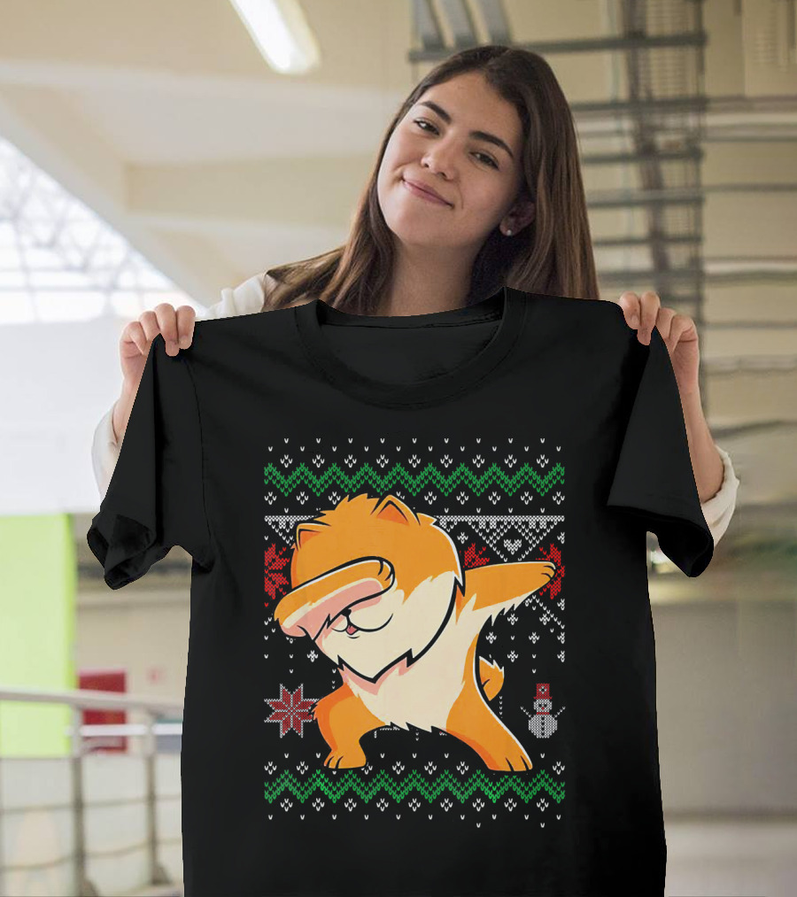 Pomeranian Dabbing Ugly Christmas Sweater Style Snowman T-Shirt