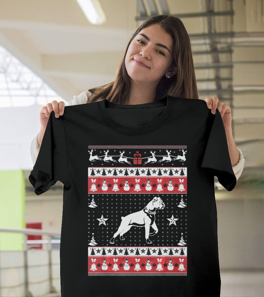 Boxer Dog Christmas Ugly Sweater Reindeer Snowman Bell T-Shirt