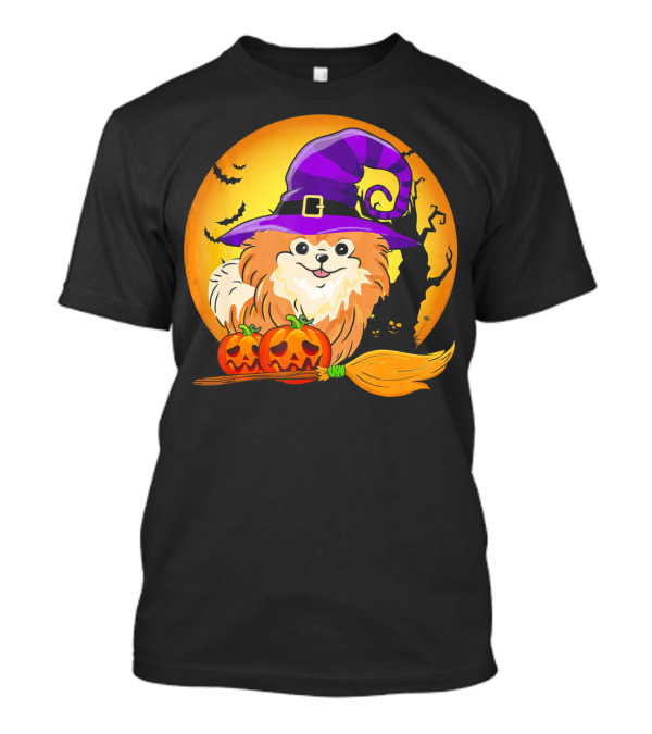 Pomeranian With Witch Hat And Pumpkins Under Spooky Moon Scene T-Shirt