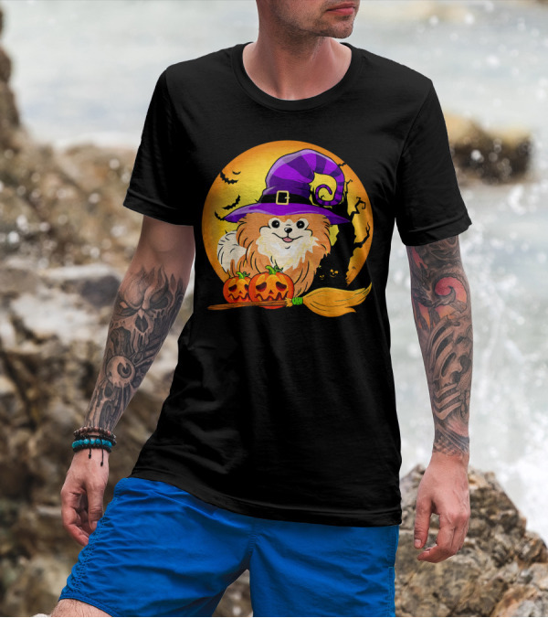 Pomeranian With Witch Hat And Pumpkins Under Spooky Moon Scene T-Shirt
