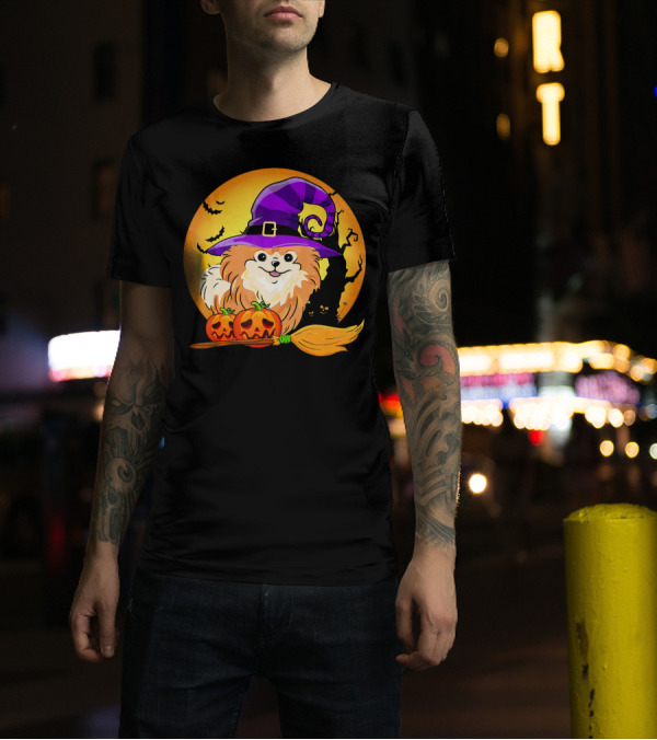 Pomeranian With Witch Hat And Pumpkins Under Spooky Moon Scene T-Shirt
