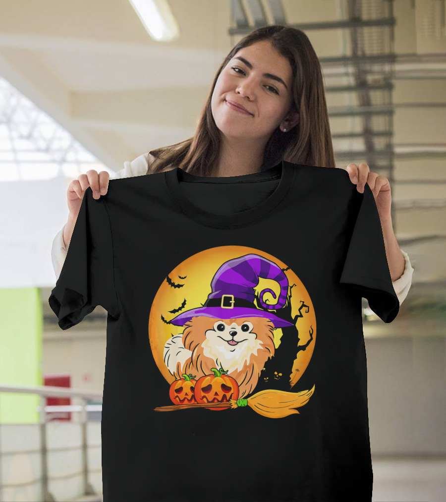 Pomeranian with Witch Hat and Pumpkins Under Spooky Moon Scene T-Shirt