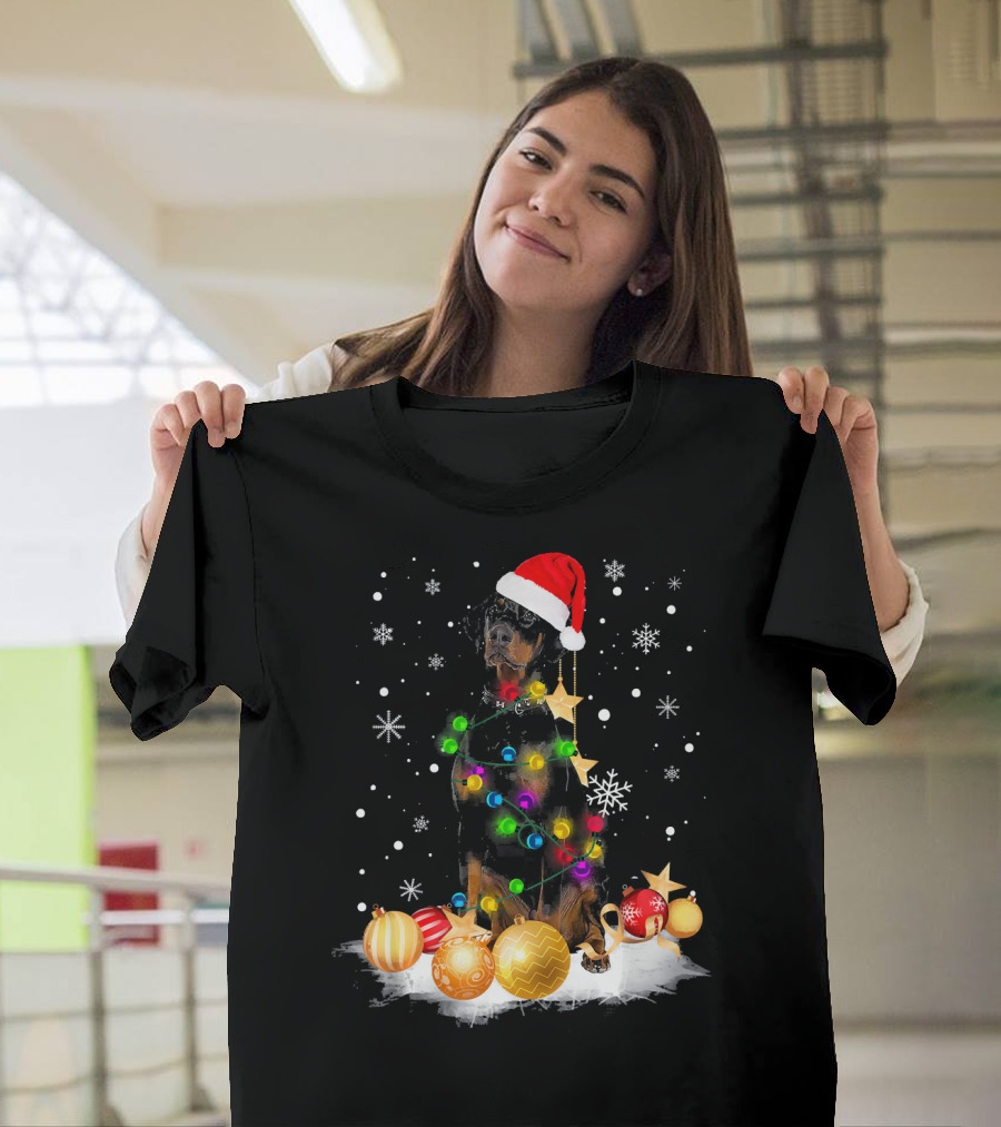 Christmas Doberman Dog Santa Hat Snowflakes Colorful Led Lights T-Shirt