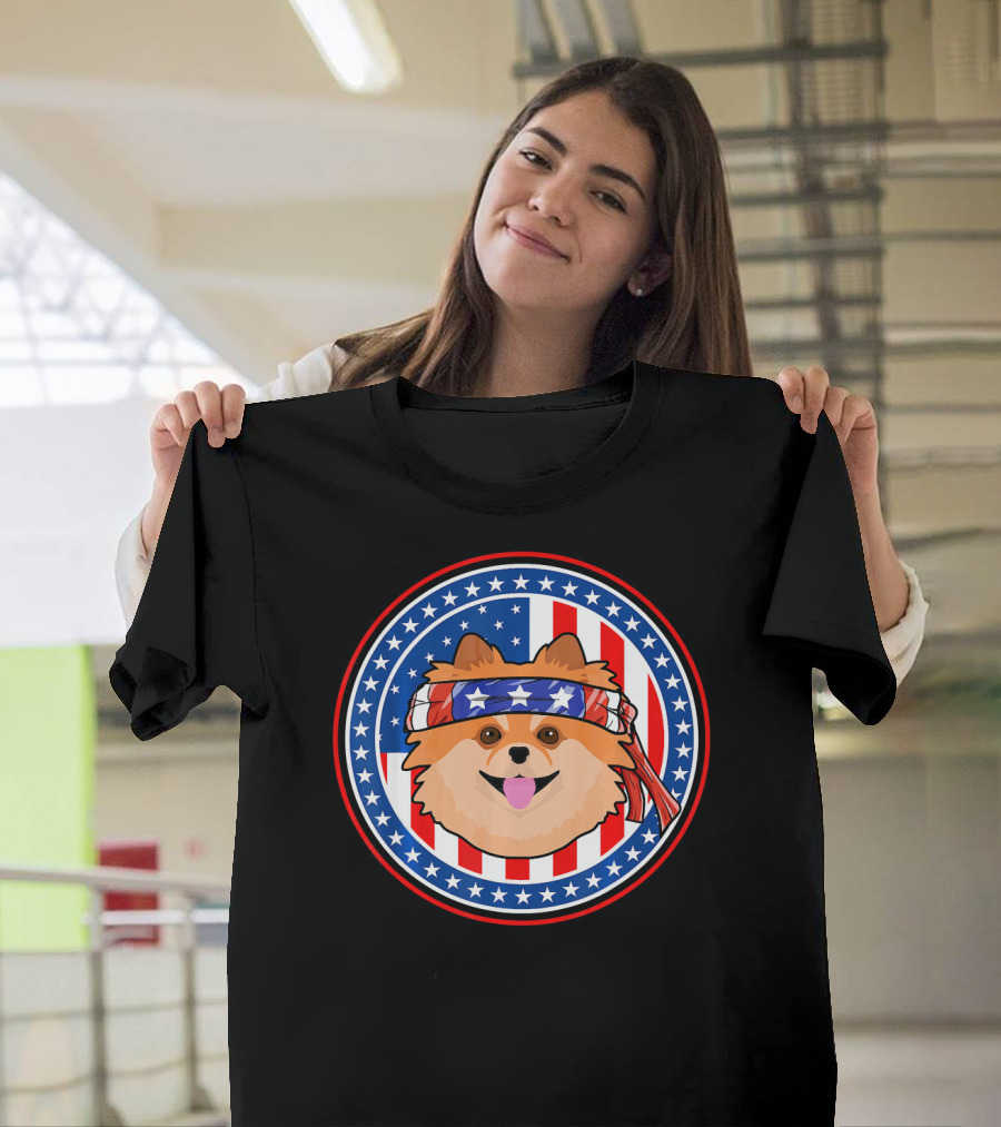 Pomeranian Dog Patriotic American Stars and Stripes Bandana T-Shirt