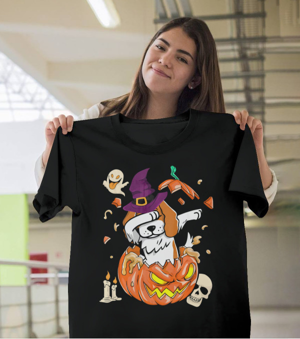 Cavalier King Charles Spaniel Dog Witch Dabbing In Pumpkin Halloween T-Shirt